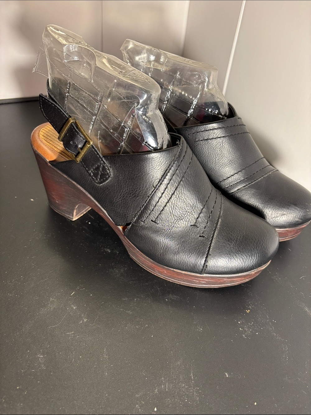 boc Black Leather Slingback Clogs with Wood-Effect Platform